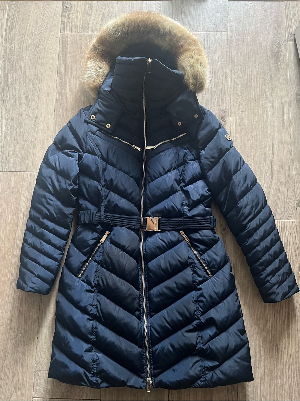 Michael Kors Navy Quilted Belted Puffer Coat with Fur-Trim Hood